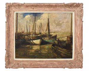 ANTIQUE PAINTINGS, SEASCAPE WITH BOATS, OIL ON CANVAS, ART DECO, 20TH CENTURY. (QM711)